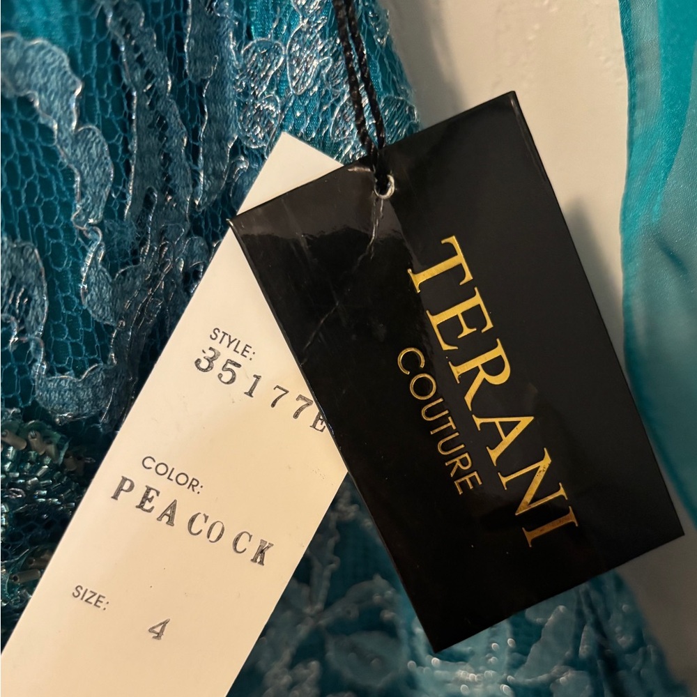 Terani Couture One Shoulder Lace Evening Gown Teal Emerald Beaded